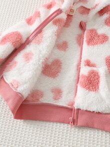Cozy Pixies جاكيت بغطاء رأس سميك من قماش مخملي بنقشة قلب لطيفة، كاجوال ومريح ومتعدد الاستخدامات للبنات الرضع - متعدد الألوان - مشاهدة 6
