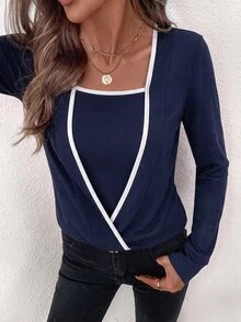 SHEIN Clasi 女款休閒黑白對比色極簡重疊設計長袖衛衣，適合度假、通勤、教師、返校、秋季 - 藏蓝色 - 查看 4
