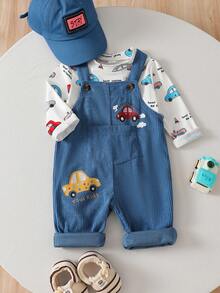 SHEIN Playful Pals 2件組男嬰圓領T恤與純色連身褲，皆附汽車圖案，簡約時尚，適合春秋穿著，完美適配寶寶日常外出，為寶寶衣櫥增添更多選擇 - 藍色 - 查看 5