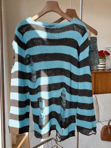 SHEIN EZwear 條紋破洞設計針織毛衣，長袖上衣，秋冬款 - 藍色 - 查看 2