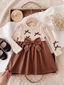 SHEIN Cute Knitted Bowknot Colorblock Long Sleeve Dress For Baby Girls - Khaki - View 8