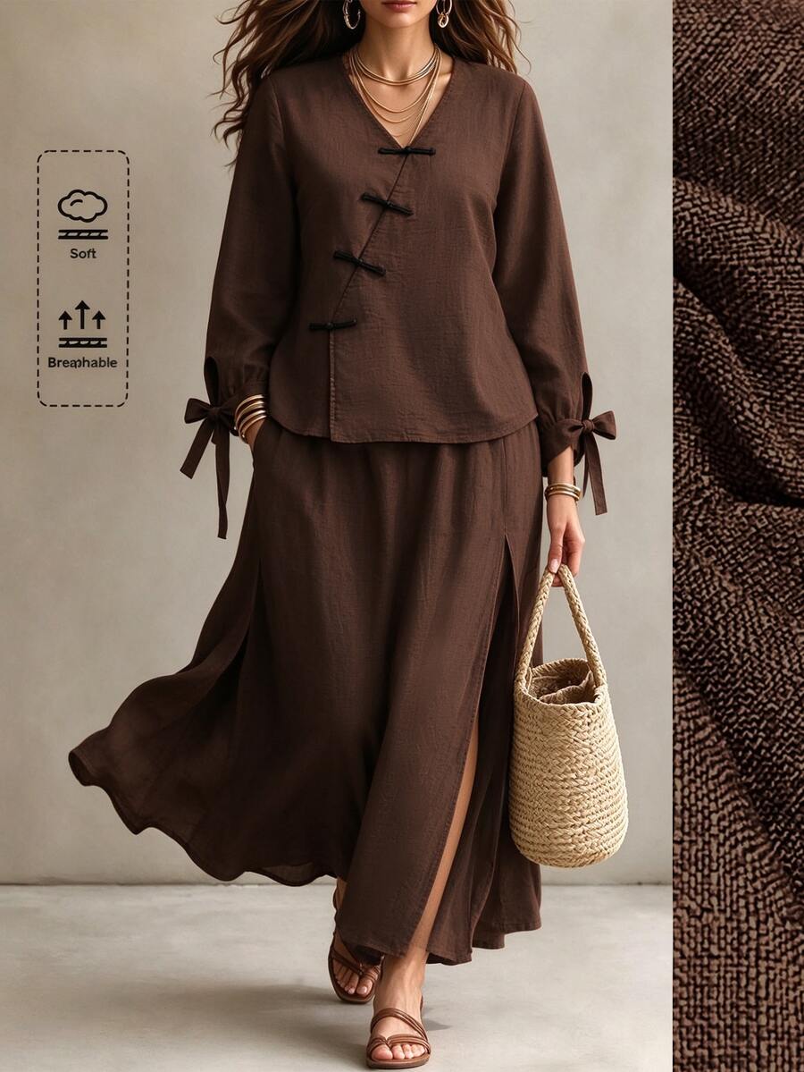 Linhara CURVE Plus Size Women's Autumn Minimalist Casual Solid Color V-Neck Button Tie Top With Slit Skirt 2 Pieces Set, Suitable For Daily Wear, Casual Elegant