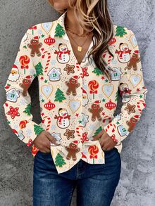 EMERY ROSE Cute 2026 Christmas Outfit Santa Claus Gingerbread Man Christmas Tree Print Long Sleeve Women's Blouse Top Autumn/Winter - Multicolor - View 4
