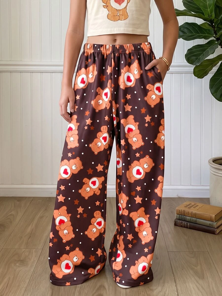 SHEIN X Care Bears 1件少女休閒百搭舒適棕色卡通熊圖案抓絨長褲,適合日常穿著、秋冬、室內、運動、攝影、假期、生日 - 棕色 - 查看 1