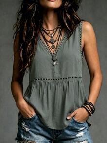 LanaWest Petite Women's Solid Color V-Neck Pleated Casual Daily Wear Top - Grey - View 5