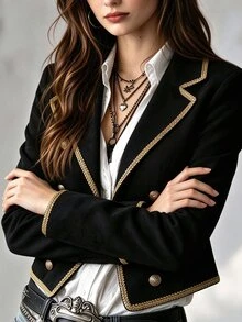 SHEIN European And American Casual Jacket With Gold Lace Patchwork, Button Decoration, Long Sleeve - Black - View 6