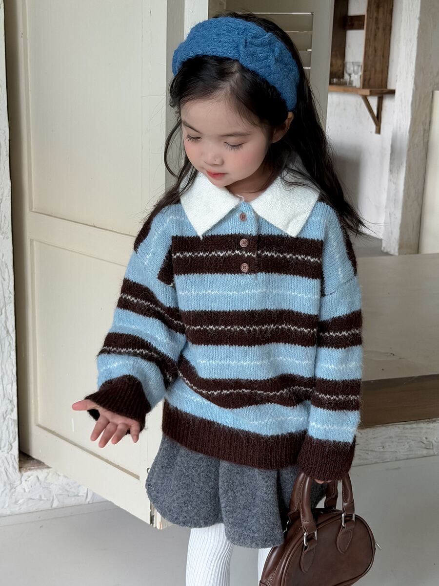 Dazy Kids Young Girl Striped Polo Collar Dropped Shoulder Long Sleeve Casual Sweater - Brown - View 1