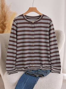 CosyJoli Áo thun tay dài cổ tròn size lớn phối màu sọc phong cách thường ngày, phù hợp cho mùa thu/đông, màu cà phê - màu nâu - Xem 1