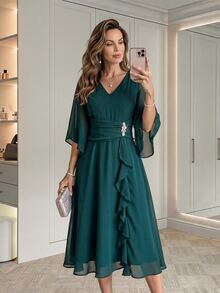 Medorina Women's V-Neck Rhinestone Decor Ruffle Hem Casual Party Dress - Dark Green - View 1