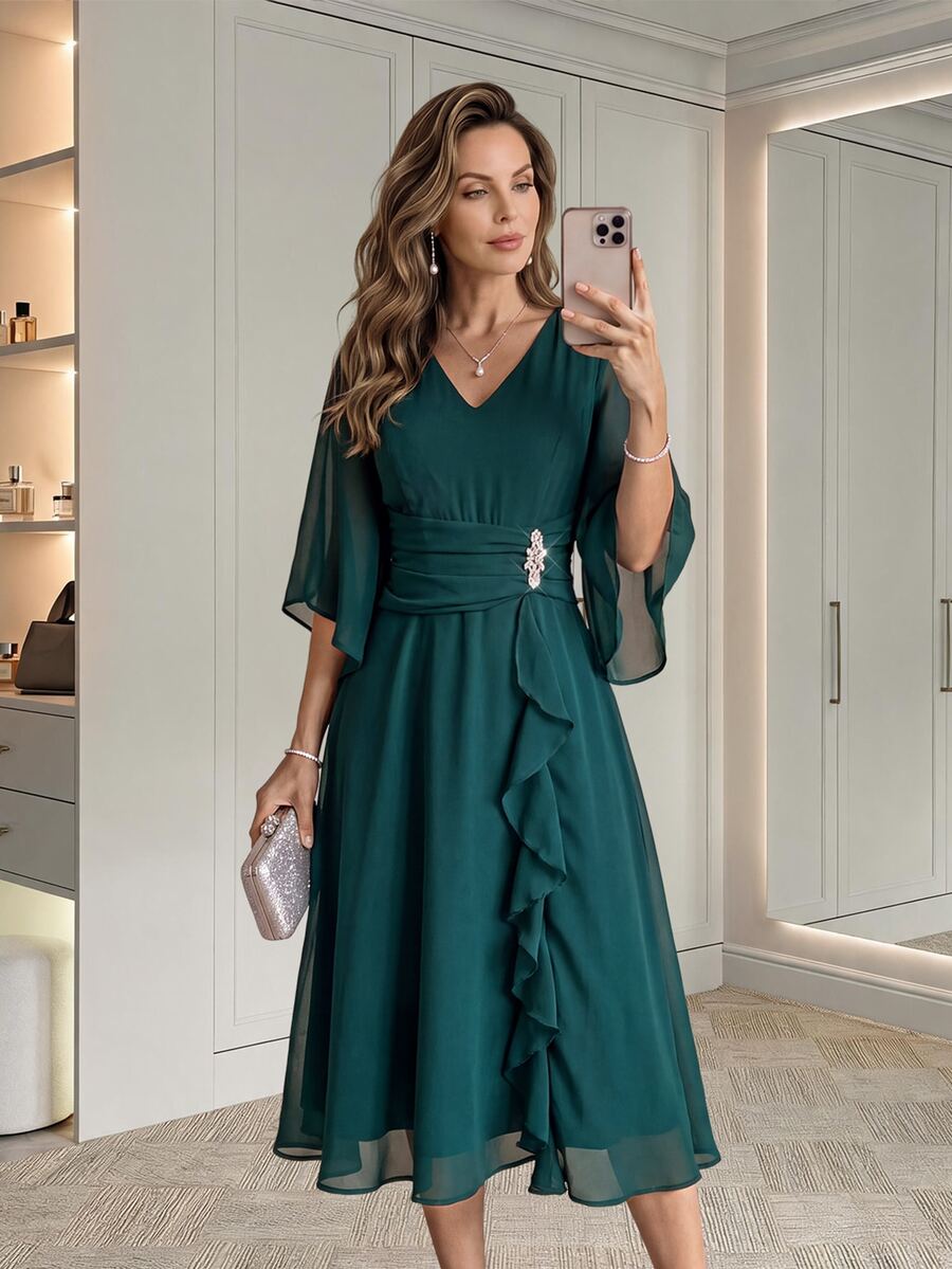 Medorina Women's V-Neck Rhinestone Decor Ruffle Hem Casual Party Dress - Dark Green - View 1
