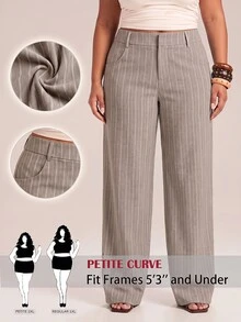SHEIN PETITE CURVE 大尺碼女款條紋寬腿寬鬆休閒長褲 秋季 - 卡其色 - 查看 7
