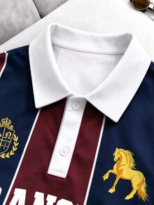 Manfinity EMRG 男士 Los Angeles 1876 印花 Polo 衫，酒紅與海軍藍垂直條紋，短袖休閒學院風上衣，復古氛圍 - 彩色 - 查看 5