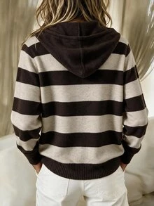 SHEIN 女款抽繩連帽針織開襟外套，秋季鈕扣前襟休閒毛衣 - 咖啡棕 - 查看 2
