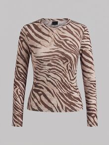 SHEIN EZwear 2件組女款斑馬紋與迷彩圓領長袖休閒T恤 - 彩色 - 查看 3