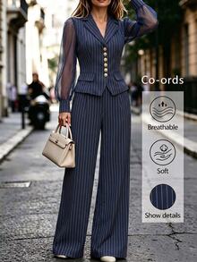 Elenzga Women's Striped Metal Single-Breasted Contrast Mesh Long Sleeve Blazer And Pants Elegant Casual Suit Office Business Fall - Blue - View 4
