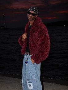 STEELVANCE Men's Solid Color Lapel Long Sleeve Loose Fit Faux Fur Jacket - Burgundy - View 4
