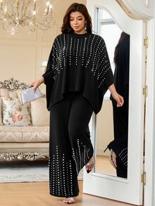 Reflora Plus Size Women's Round Neck Top And Long Pants Casual Daily 2 Pieces Set - Black - View 6