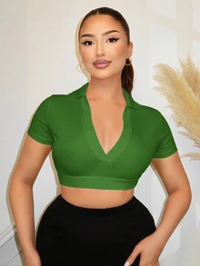 SHEIN SXY 夏季休閒性感純色修身短版T恤，黑色，適合日常穿著、外出與夜晚聚會 - 綠色 - 查看 3