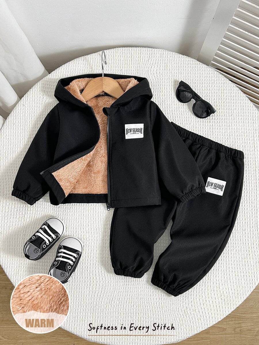 SHEIN 男嬰黑色抓絨內裡夾克、棕色抓絨內衣針織兩件套,適合通勤、上學、日常休閒、度假旅行、運動,適用冬季與新年出遊 - 黑色 - 查看 1