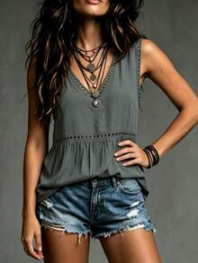 LanaWest Petite Women's Solid Color V-Neck Pleated Casual Daily Wear Top - Grey - View 4