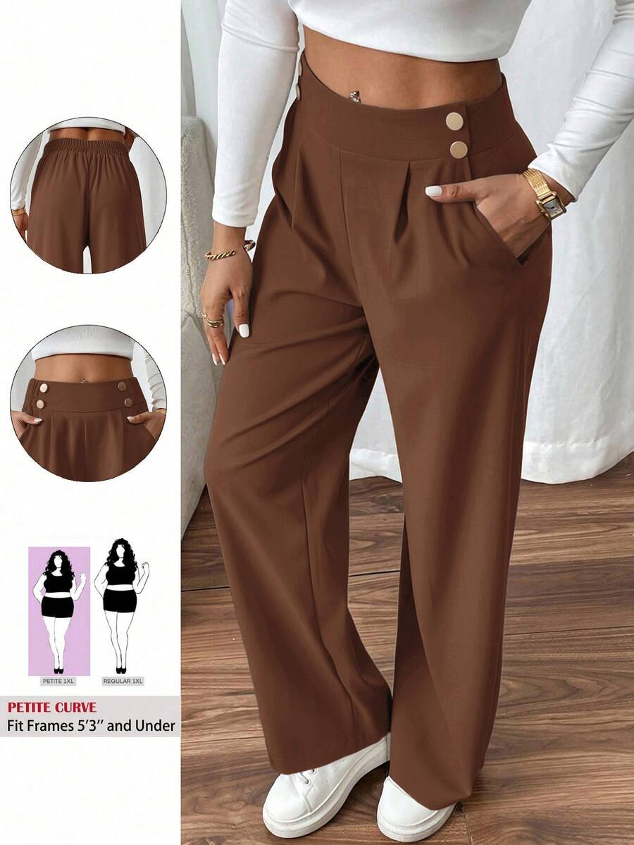 SHEIN PETITE CURVE 大尺碼女款雙扣直筒優雅通勤長褲 秋季 - 棕色 - 查看 1