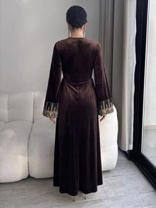 Al Najma Women's V-Neck Colorblock Casual Party Arabian Dress - Brown - View 2