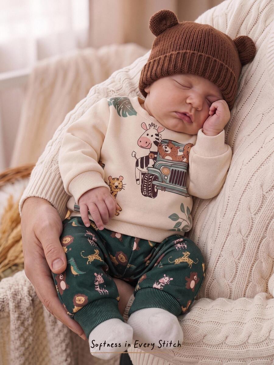 Cozy Pixies Newborn Baby Boy Casual Comfortable Cute Cartoon Print Round Neck Top And Long Pants Set - Apricot - View 1