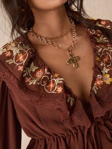 Easelle Women's Floral Embroidery Patchwork Ruffle Front Tie Fashion Flare Sleeve Blouse Bohemian Brown Autumn/Winter Ruffle Vintage - Coffee Brown - View 7