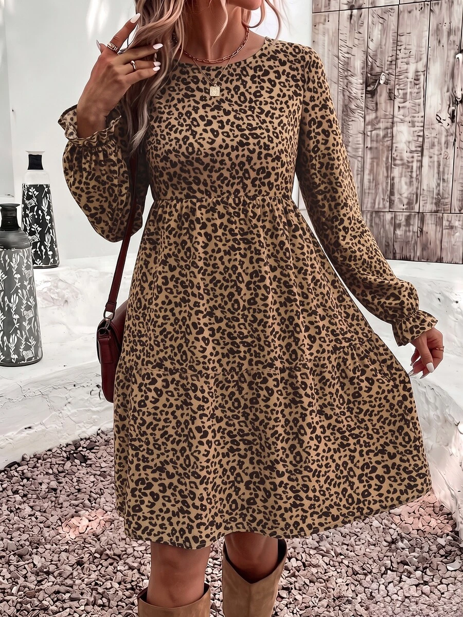 SHEIN VCAY Casual Minimalist Retro Leopard Print Loose Round Neck Plus Size Dress Suitable For Autumn/Winter - Multicolor - View 1