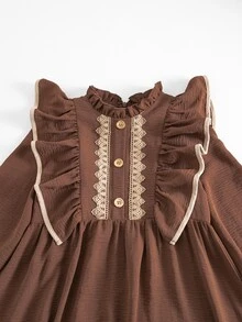 SHEIN Tween Girl Woven Contrast Color Lace Ruffle Collar Casual Dress - Coffee - View 9