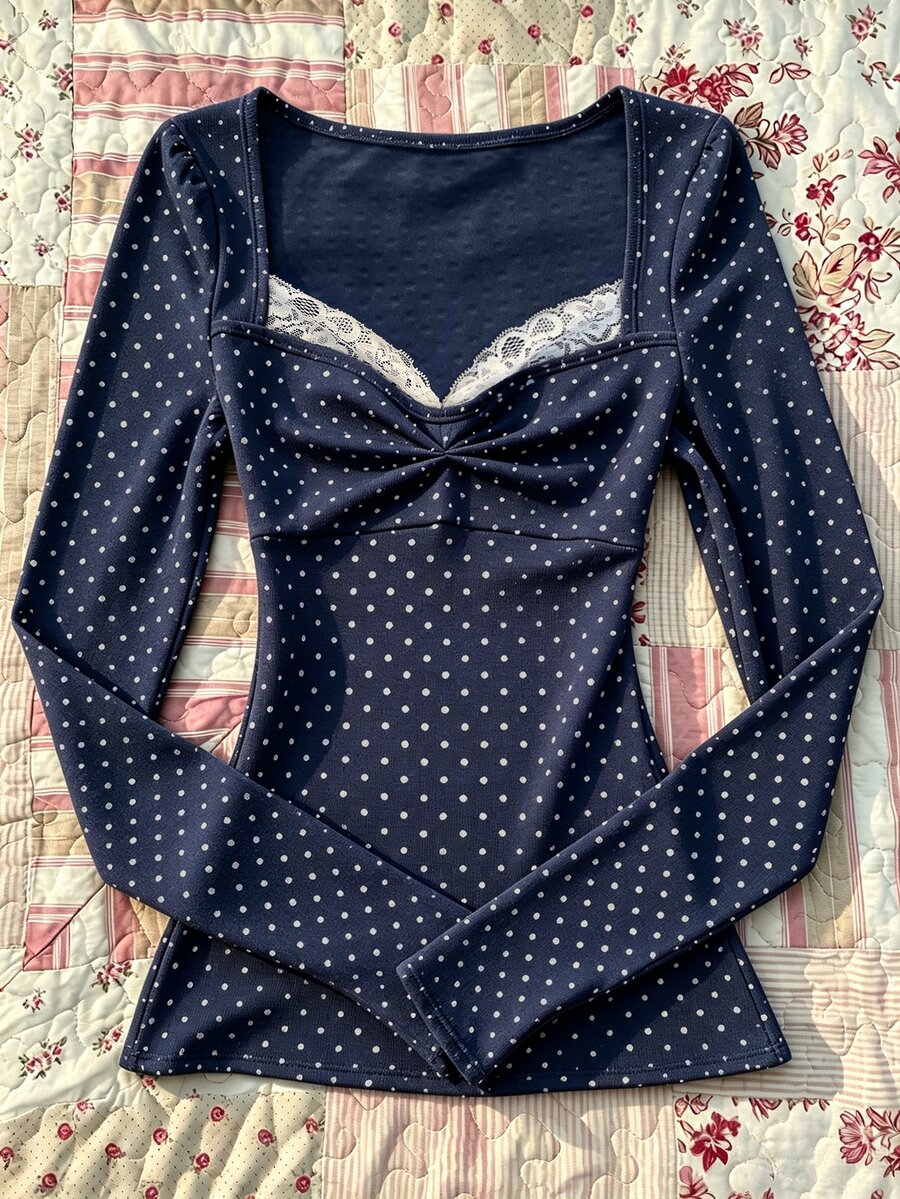 IslaSuriya Autumn French Style 2 In 1 Lace Trim Square Neck T-Shirt - Navy Blue - View 1