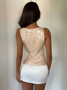 Aloruh Tank Top Wanita Terbaru dengan Payet, Cocok untuk Pesta, Kencan, Pantai, - Aprikot - View 2