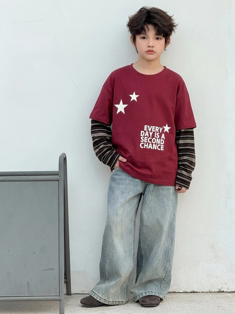 Dazy Kids 大童男孩條紋拼色拼接長袖圓領T恤 - 紅色 - 查看 1