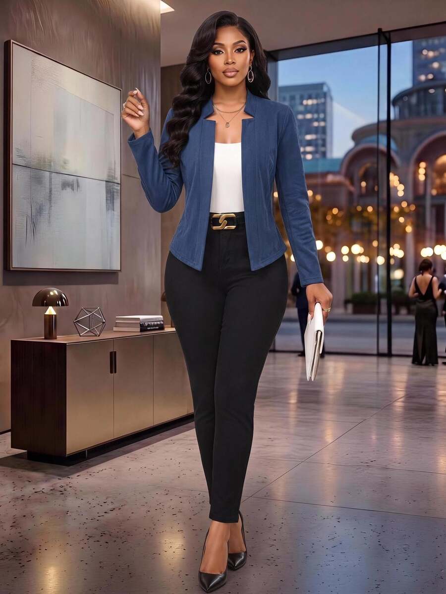 SHEIN Lady 女款純白色長袖開襟西裝外套 翻領優雅休閒 適合辦公商務晚餐約會工作輕便開襟衫 秋季教師節 - 藏蓝色 - 查看 1