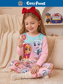 Cozy Pixies | PAW Patrol 2件組少女款 Paw Patrol 聯名粉色漸層狗狗印花圓領長袖睡衣上衣與內搭褲家居服套裝 - 粉色 - 查看 9