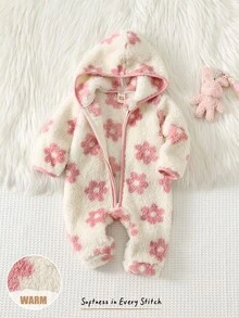 Cozy Pixies 新生兒嬰兒睡衣 粉色花卉毛絨加厚連帽長袖冬季連身衣，百搭舒適 - 粉色 - 查看 7