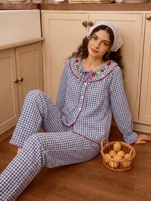 Tulorae French Plaid Women's Pajama Set, Casual Loose Long Sleeve Long Pants Loungewear For Spring And Autumn - Multicolor - View 6