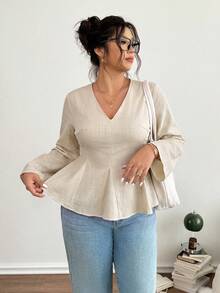 Lounesse Plus Size Women's Solid Color V-Neck Long Sleeve Waist-Cinching Casual Blouse - Apricot - View 1