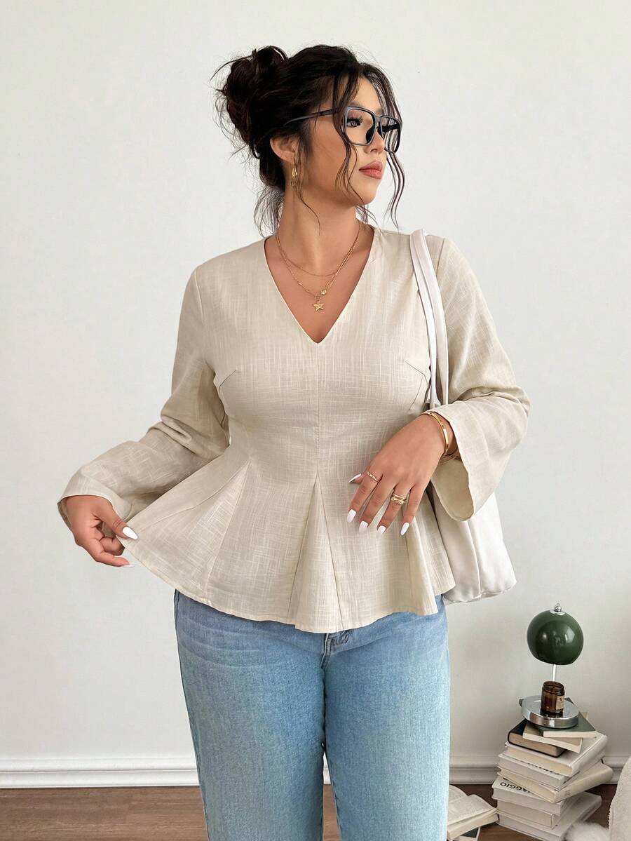 Lounesse Plus Size Women's Solid Color V-Neck Long Sleeve Waist-Cinching Casual Blouse - Apricot - View 1