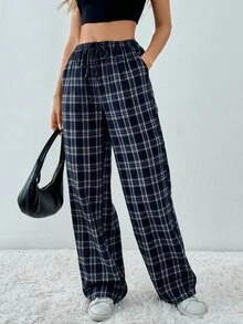 SHEIN Tall 格紋印花抽繩腰帶斜口袋寬鬆休閒學院風寬腿長褲，高個女性校園海軍藍秋季款 - 藏蓝色 - 查看 4