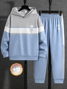 SHEIN 兒童 2 件組青少年男孩休閒極簡長袖連帽舒適運動衫套裝，適合秋冬，經典復古色塊拼接印花圖案，適合學校、開學季、家庭聚會、生日派對、拍照、度假、假期，運動風，舒適 - 彩色 - 查看 2