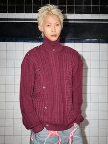 ROMWE MEN Men's Streetwear Stand Collar Asymmetric Placket Pullover Sweater - Redwood - View 4