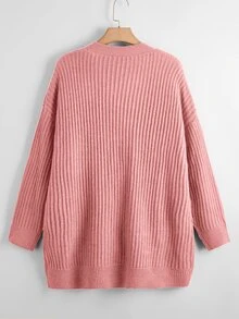 SHEIN LUNE 大尺碼雙口袋休閒設計針織開襟衫，女款秋冬冬季衣物 - 粉色 - 查看 2