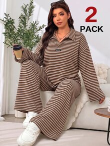 Solflare Autumn And Winter Plus Size Brown Striped T-Shirt Long Sleeve + Striped Loose Pants Home Leisure Two Pieces Set - Mocha Brown - View 5