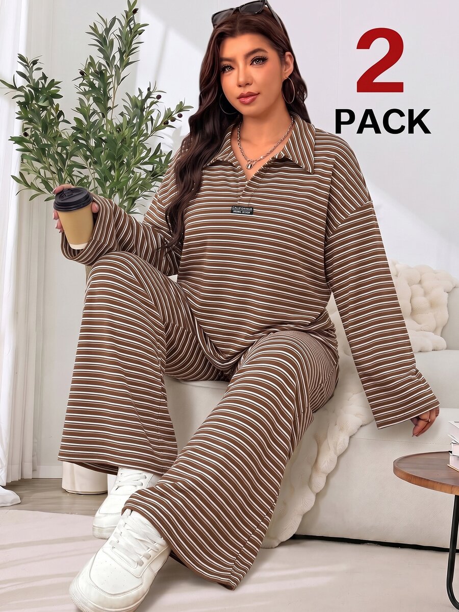 Solflare Autumn And Winter Plus Size Brown Striped T-Shirt Long Sleeve + Striped Loose Pants Home Leisure Two Pieces Set - Mocha Brown - View 1
