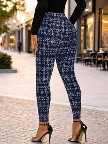 SHEIN Lady 女款時尚通勤上班約會辦公室格紋緊身褲 黑色配金 夏日優雅高貴 - 藏蓝色 - 查看 2