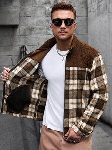 Manfinity CasualCool 男士拼接抓絨格紋大衣，翻領拉鍊寬鬆休閒夾克，加厚秋冬上衣，萬聖節/聖誕節/新年穿搭，送給男友/丈夫的完美禮物 - 彩色 - 查看 6