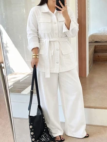 Dazy Plus Long Sleeve Single-Breasted Multi-Pocket Denim Jacket & Wide Leg Denim Jeans Casual Set, Daily Autumn Outfit - White - View 1