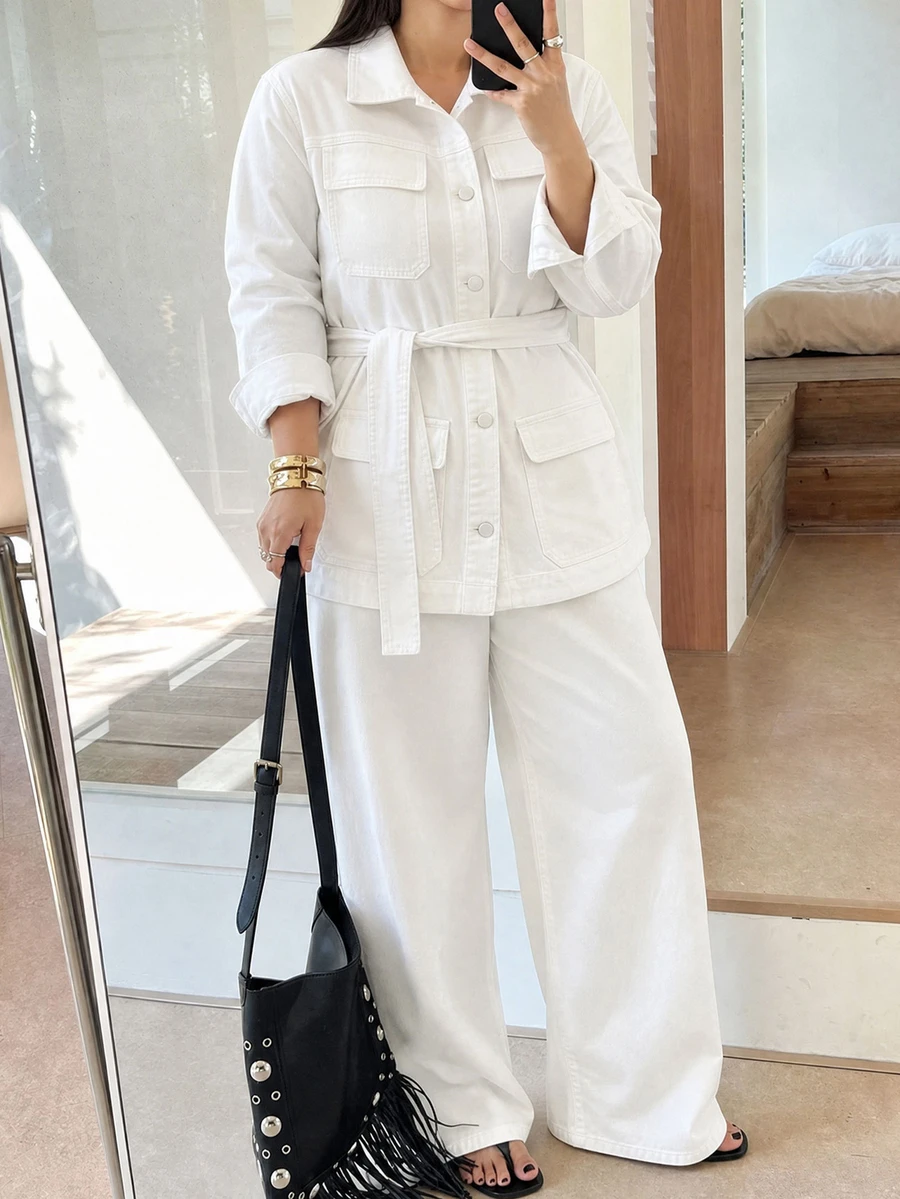 Dazy Plus Long Sleeve Single-Breasted Multi-Pocket Denim Jacket & Wide Leg Denim Jeans Casual Set, Daily Autumn Outfit - White - View 1