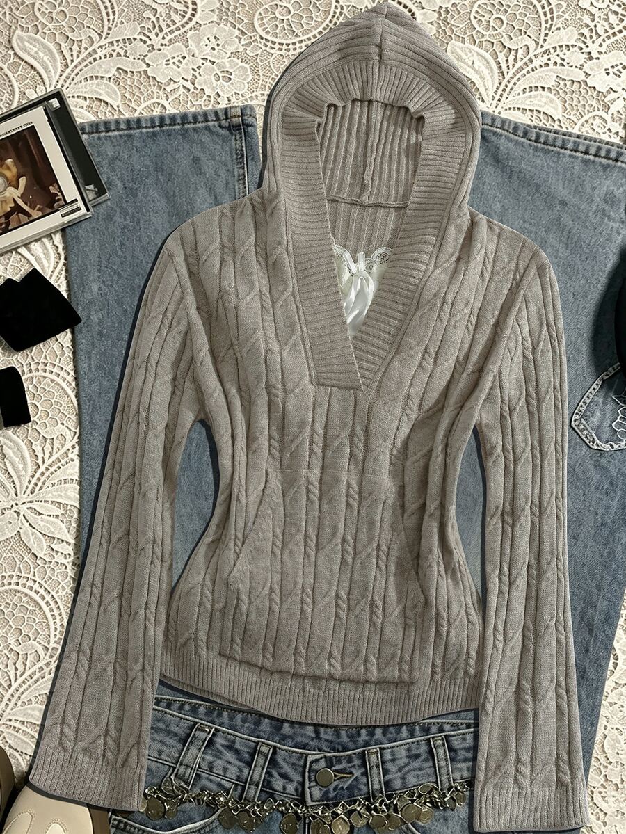 Sunspun Plus Size Women's Lace Patchwork Casual Versatile Daily Wear Hooded Sweater - Grey - View 1